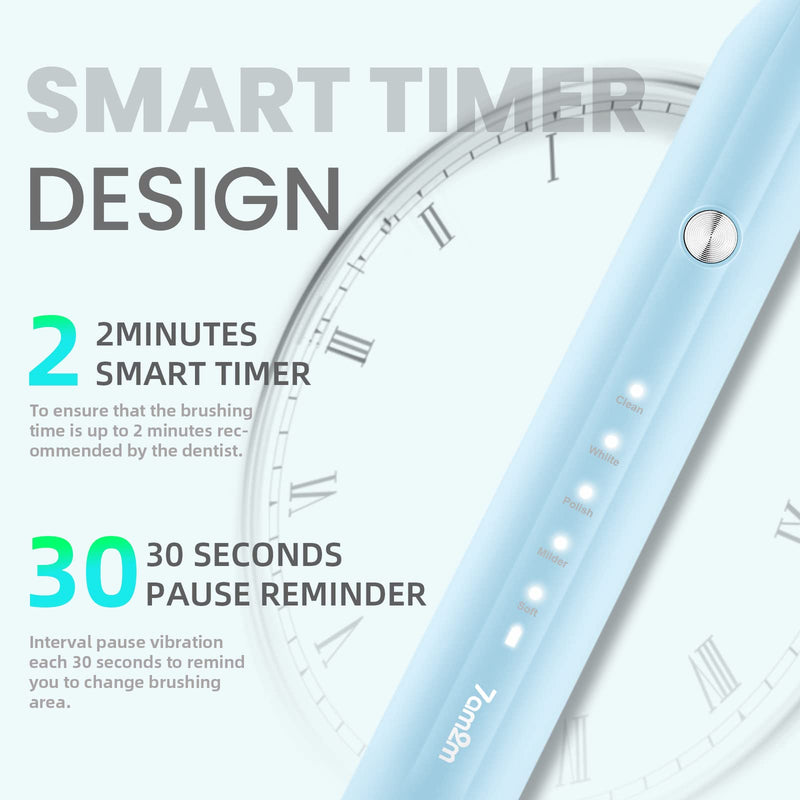 7AM2M Sonic Electric Toothbrush for Adults and Kids, One Charge for 90 Days, with 6 Brush Heads, 5 Modes with 2 Minutes Build in Smart Timer, Roman Column Handle Design(Light Blue) Light Blue - NewNest Australia