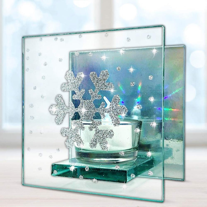 NewNest Australia - BANBERRY DESIGNS Snowflake Candles - Clear and Silver Glass Candle Holder Painted with a Glittery Snow Flake Design - Mirrored Hologram Back 4 Inches Tall 