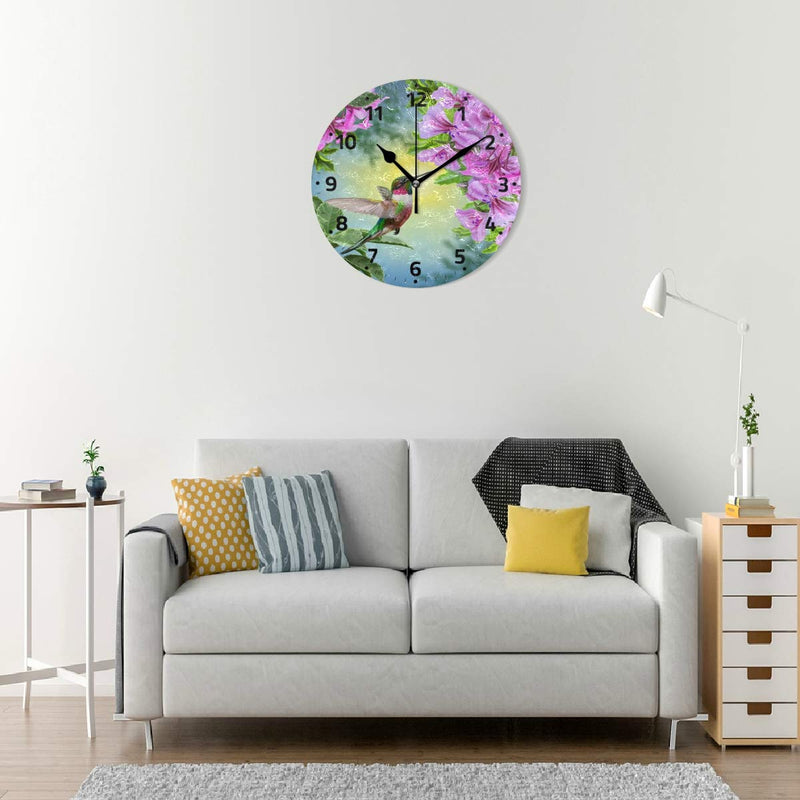 NewNest Australia - Wamika Hummingbirds Bird Flower Wall Clock Battery Operated Non Ticking Silent Round Acrylic Spring Summer Bird Purple Floral Quartz Decorative Clock for Kitchen Home Office School Easy to Read Hummingbird 