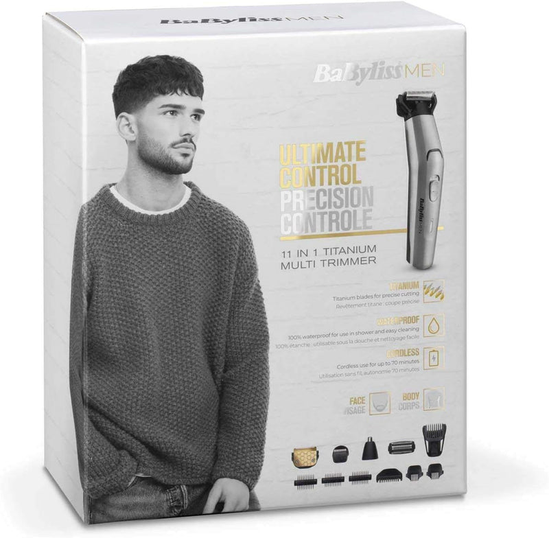 BaByliss Men 11-in-1 Titanium Multi-Grooming Kit Waterproof Twill Hair Trimmer, Beard Trimmer, Nose Hair Trimmer, Eyebrow, Detail Trimmer and Multifunctional Trimmer, Includes Bag, Silver Black MT861E - NewNest Australia