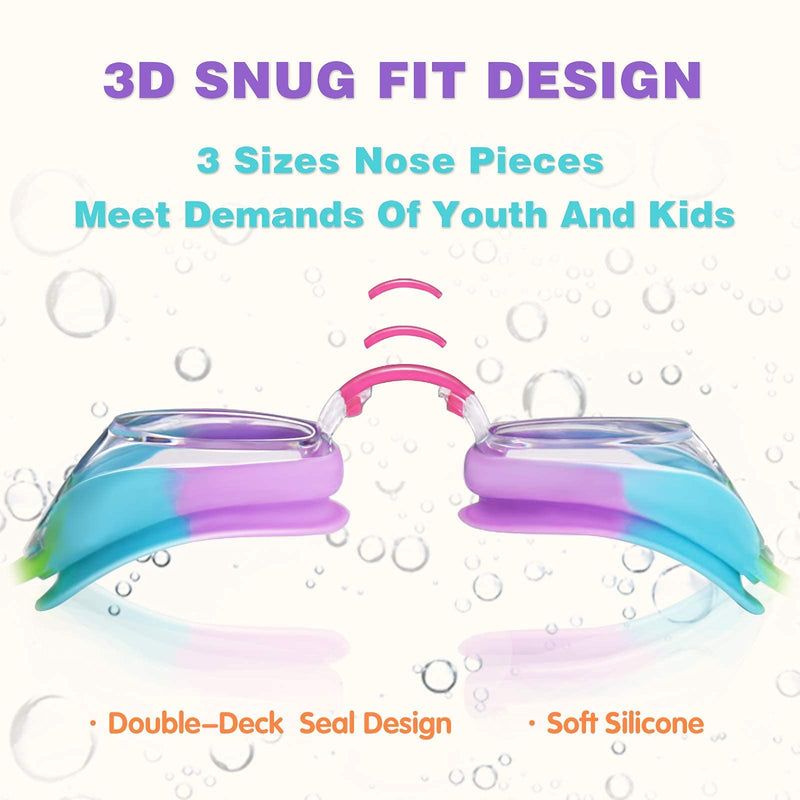 Keary 2 Pack Kids Swim Goggles for Toddler Kids Youth(3-9),Anti-Fog Waterproof Anti-UV Clear Vision Water Pool Goggles Clear Rainbow & Blue(2 Pack) - NewNest Australia