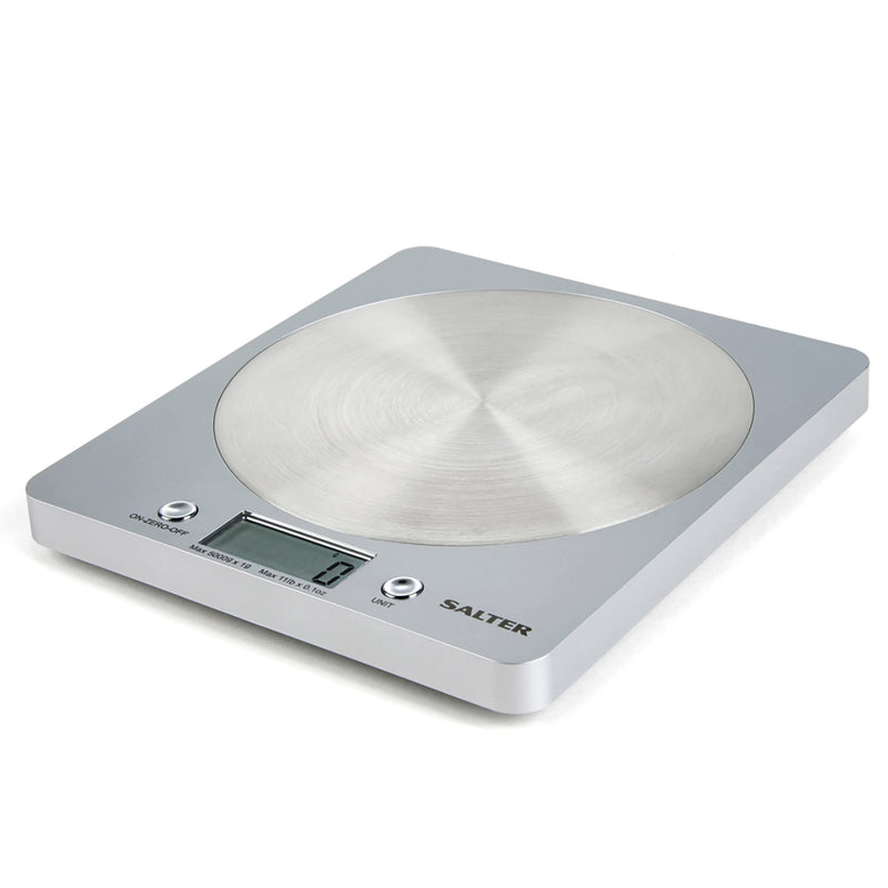 Salter 1036 SVSSDR Disc Electronic Scale, Digital Weighing, Stylish Slim Design, Home/Kitchen Cooking, Spun Stainless Steel Platform, Add,Weigh, Measures Liquids/Fluids, 5 Kg Capacity, Silver/Chrome Single - NewNest Australia