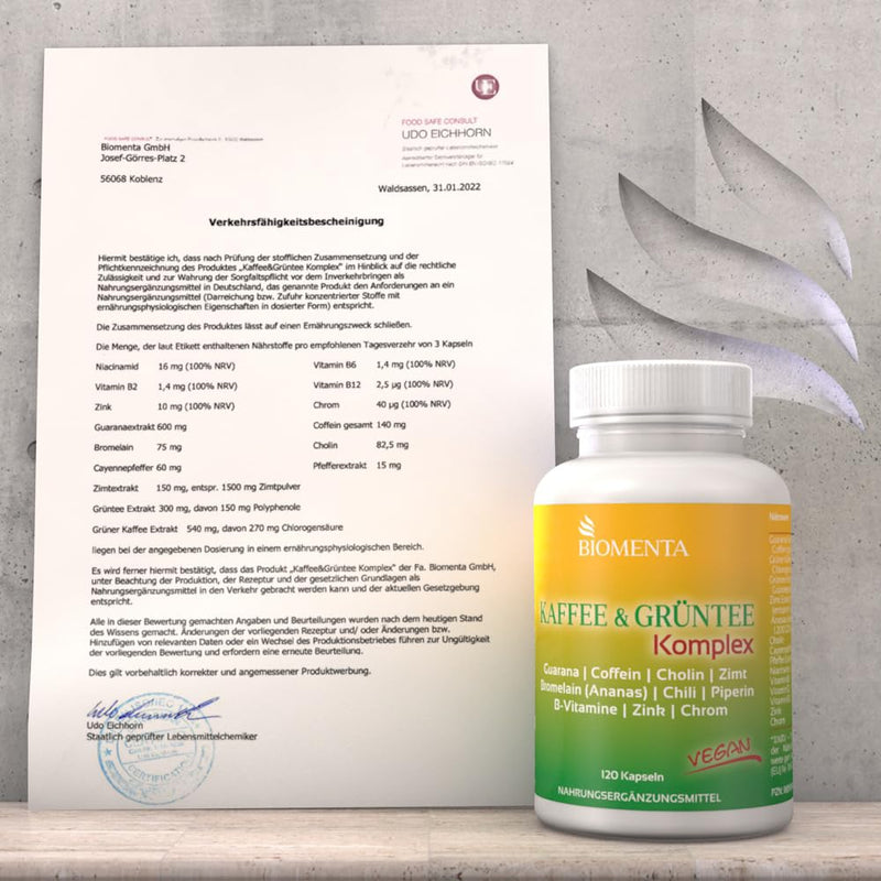 Biomenta Coffee & Green Tea Complex - With Green Tea, Green Coffee, Guarana, Caffeine, Choline, Cinnamon, Bromelain, Chilli, Piperine And More - 120 Vegan Capsules - NewNest Australia