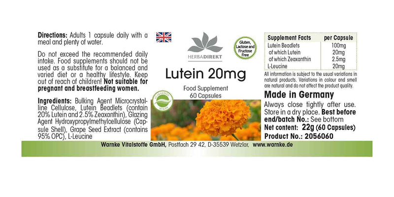 Lutein 20mg - microencapsulated - 60 capsules - vegan | HERBADIREKT by Warnke vital substances - NewNest Australia