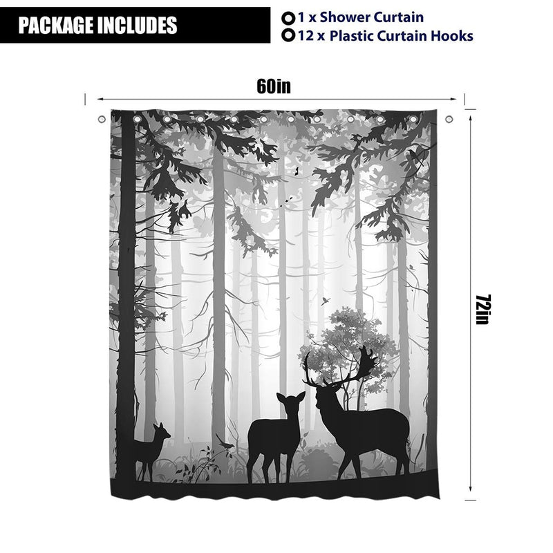 LIGHTINHOME Deer Elk Shower Curtain 60Wx72L Inch Country Moose Silhouette of Pine Forest Birds Black and White Fabric Waterproof Bathroom Home Decor 12 Plastic Hooks - NewNest Australia