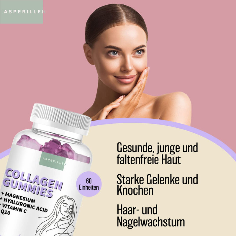 Asperillen Collagen Gummy Bears With Hyaluronic Acid - Premium Collagen Complex For Skin, Hair, Nails, Bones And Joints - Collagen Gummies With Vitamin C, Magnesium, Q10, Zinc - 60 Units - NewNest Australia