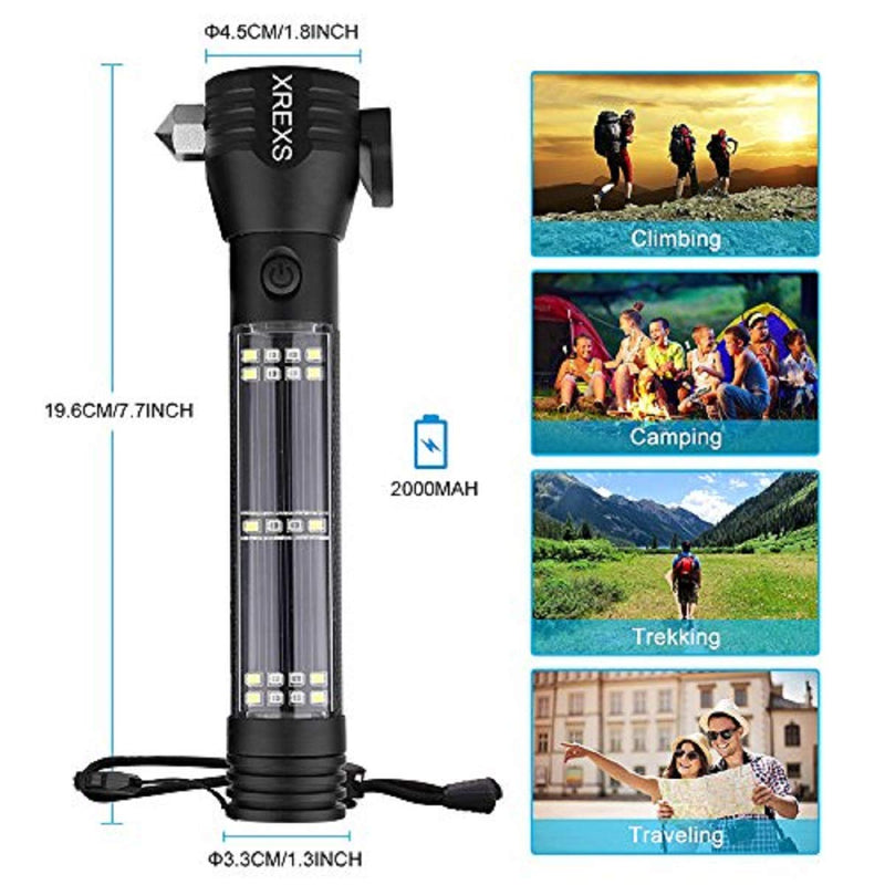 XREXS Solar Powered LED Car Flashlight Multi-Function Solar Escape Rescue Flashlight with 2000mAh Battery, USB Charger and Solar Charger, Portable Flashlight for Hiking, Camping, Traveling - NewNest Australia