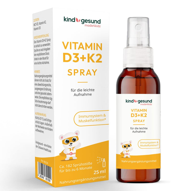child-healthy vitamin D3 + K2 spray for children I Vegan I 182 sprays for up to 6 months I 560 IU vitamin D3 & 23 µg vitamin K2 per spray - NewNest Australia