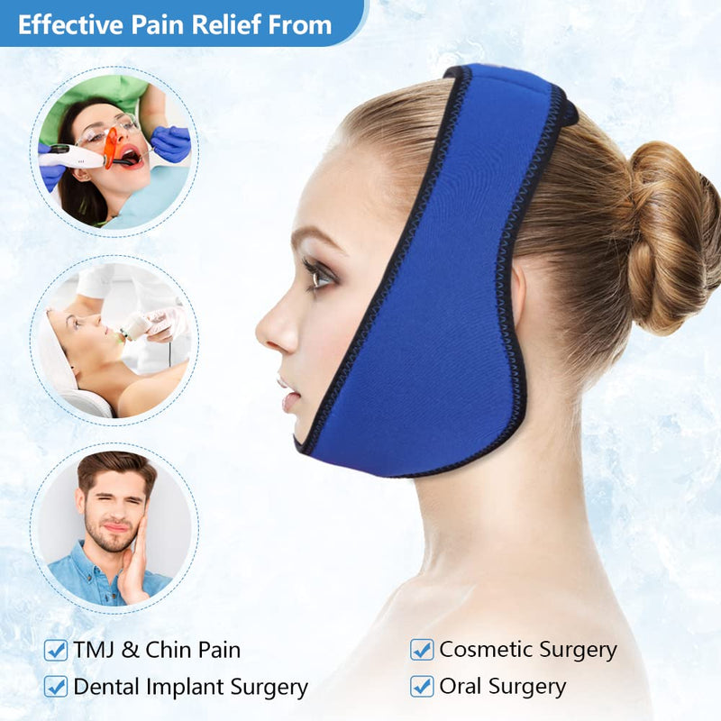 Hilph Face Ice Pack for Jaw Pain, Reusable Jaw Ice Pack with 4 Gel Packs Wisdom Teeth Ice Pack Head Wrap for Facial & Oral Surgery, TMJ, Head and Chin Pain Relief, Dental Implant 4 PVC Gel Packs-Blue - NewNest Australia