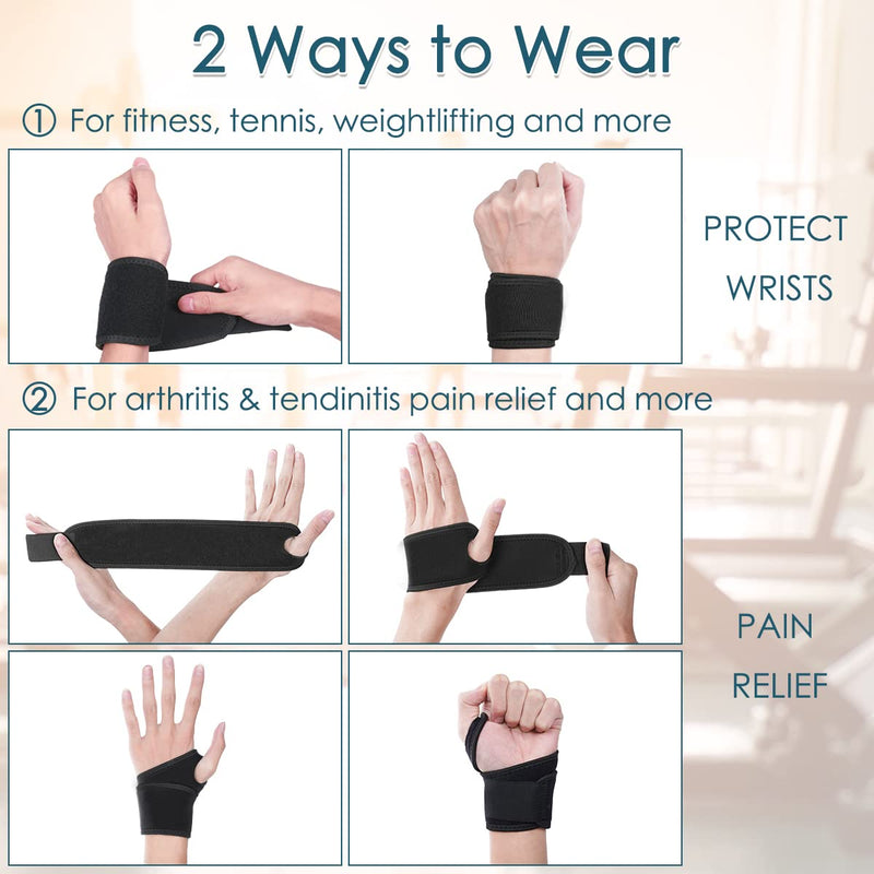 URAQT Wrist Support, 2 Pack Adjustable Wrist Strap for Men Women, Carpal Tunnel Compression Wrist Wraps for Tendonitis Pain Relief, Sports Protecting, Injury Recovery, Wrist Brace for Right&Left Hand Black - NewNest Australia
