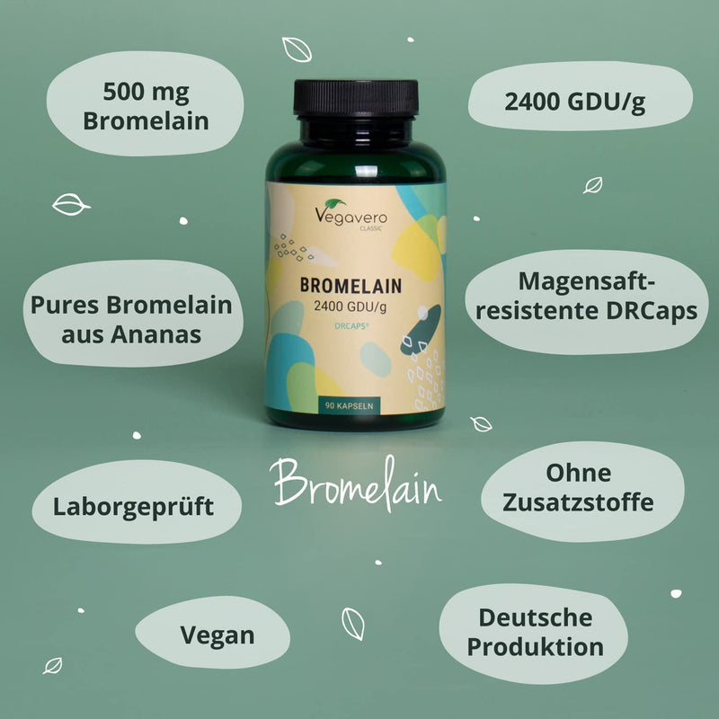 Natural Bromelain High Dose | Premium: 2400 Fip - 1200 Gdu | Enteric Juice-Resistant Drcaps | Laboratory Tested | Pineapple Enzymes | Vegan - No Additives | German Production Vegavero - NewNest Australia