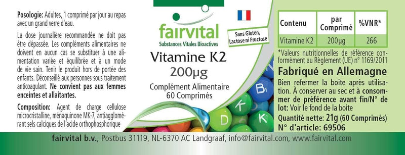 Fairvital | Vitamin K2 MK-7 200µg - HIGH DOSE - Menaquinone MK-7 - natural & fermented from natto - VEGAN - 60 tablets - NewNest Australia