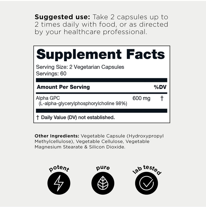 Ultra High Purity Alpha GPC Capsules - 600mg Concentrated Formula - 99%+ Highly Purified and Highly Bioavailable Nootropic - 120 Capsules Alpha GPC Supplement - NewNest Australia
