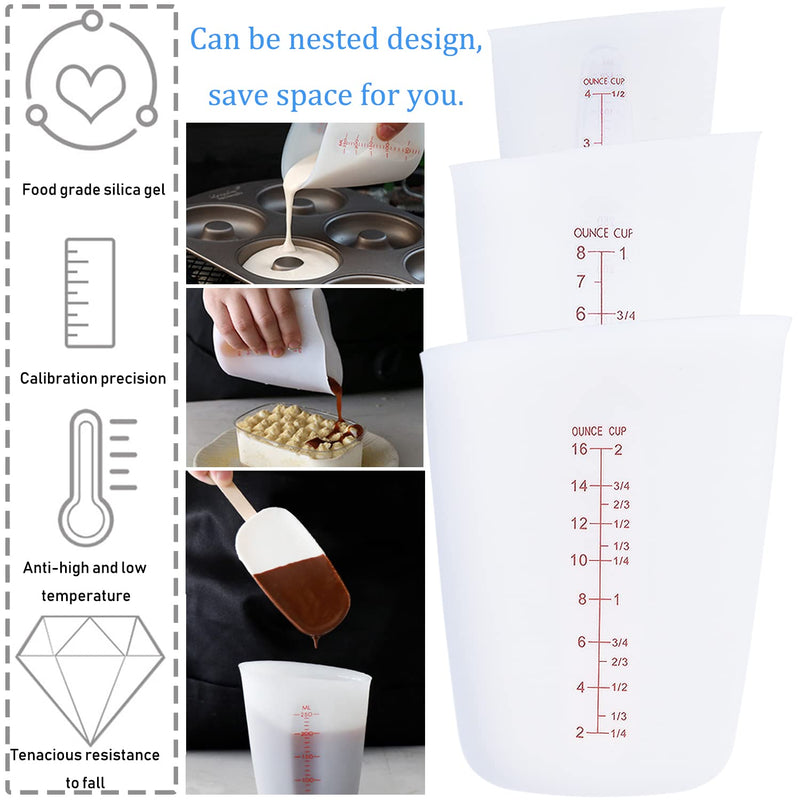 3 PCS Silicone Flexible Measuring Cups,Melting Cups for Epoxy Resin,Butter,Chocolate and More,2 Cup&1 Cup&1/2 Cup,Squeeze and Pour Silicone Measuring Cup with Marking Ounce/ML - NewNest Australia