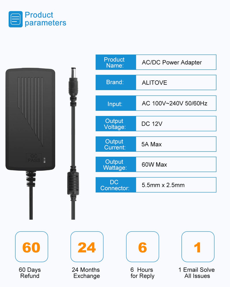 ALITOVE DC 12V 5A Power Supply Adapter Converter Transformer AC 100-240V input with 5.5x2.5mm DC Output Jack for 5050 3528 LED Strip Module Light - NewNest Australia