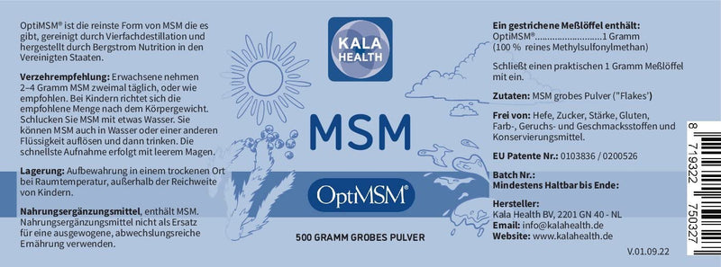 Kala Health OptiMSM MSM Powder without Additives 500g - Methylsulfonylmethane Sulfur Powder Dietary Supplement - Organic Sulfur for Joints, Skin, Hair & Nails - Laboratory Tested 500g (Pack of 1) - NewNest Australia
