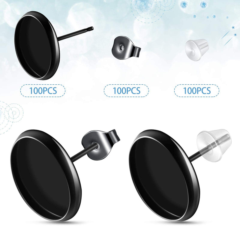 300 Pieces Stud Earring Kit Include 100pcs 12 mm Stainless Steel Blank Stud Earring Bezel Settings 100 Rubber Backs 100 Stainless Steel Earring Backs (Black with Black and Clear) - NewNest Australia