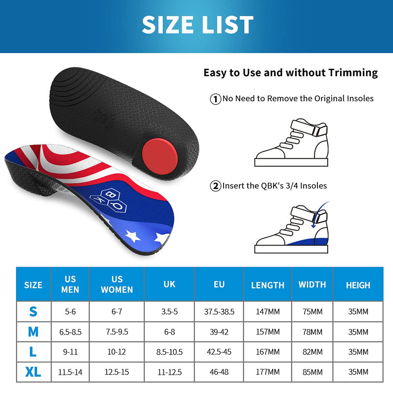 Orthotic Insoles, QBK 3/4 High Arch Support Plantar Fasciitis Insoles with Flag Pattern, Shoe Insoles Men and Women for Flat Feet, Arthritis, Supination, OverPronation and Pain Relieve, M M: 6-8 - NewNest Australia