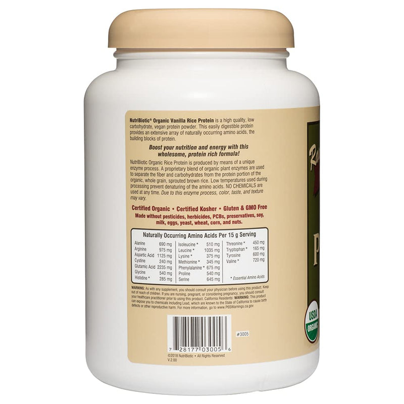 NutriBiotic Certified Organic Rice Protein Vanilla, 1 Lb. 5 Oz | Low Carbohydrate Vegan Protein Powder | Raw, Certified Kosher & Keto Friendly | Made without Chemicals, GMOs & Gluten | Easy to Digest - NewNest Australia