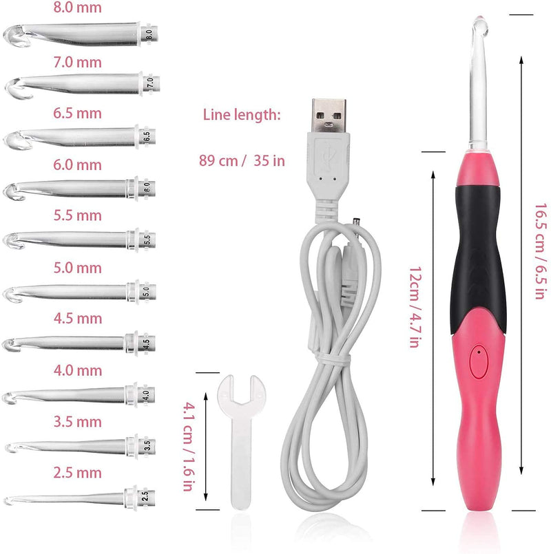 Lighted Crochet Hook,11 Size Interchangeable Heads 2.5mm to 8.0mm with Ergonomic Grip Handle,USB Rechargeable LED Lighted Crochet Hooks Complete Set for Arthritic Hands (Pink) Pink - NewNest Australia