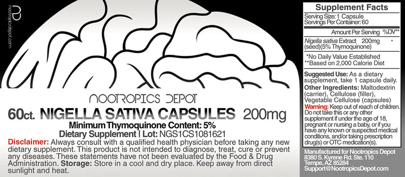 Nigella Sativa Extract Capsules | 200mg | 60 Count | Minimum 5% Thymoquinone Content | Black Seed Oil Extract | Supports Brain Health, Memory, Liver Health, and Immune Function | Nootropics Depot 60 Count (Pack of 1) - NewNest Australia