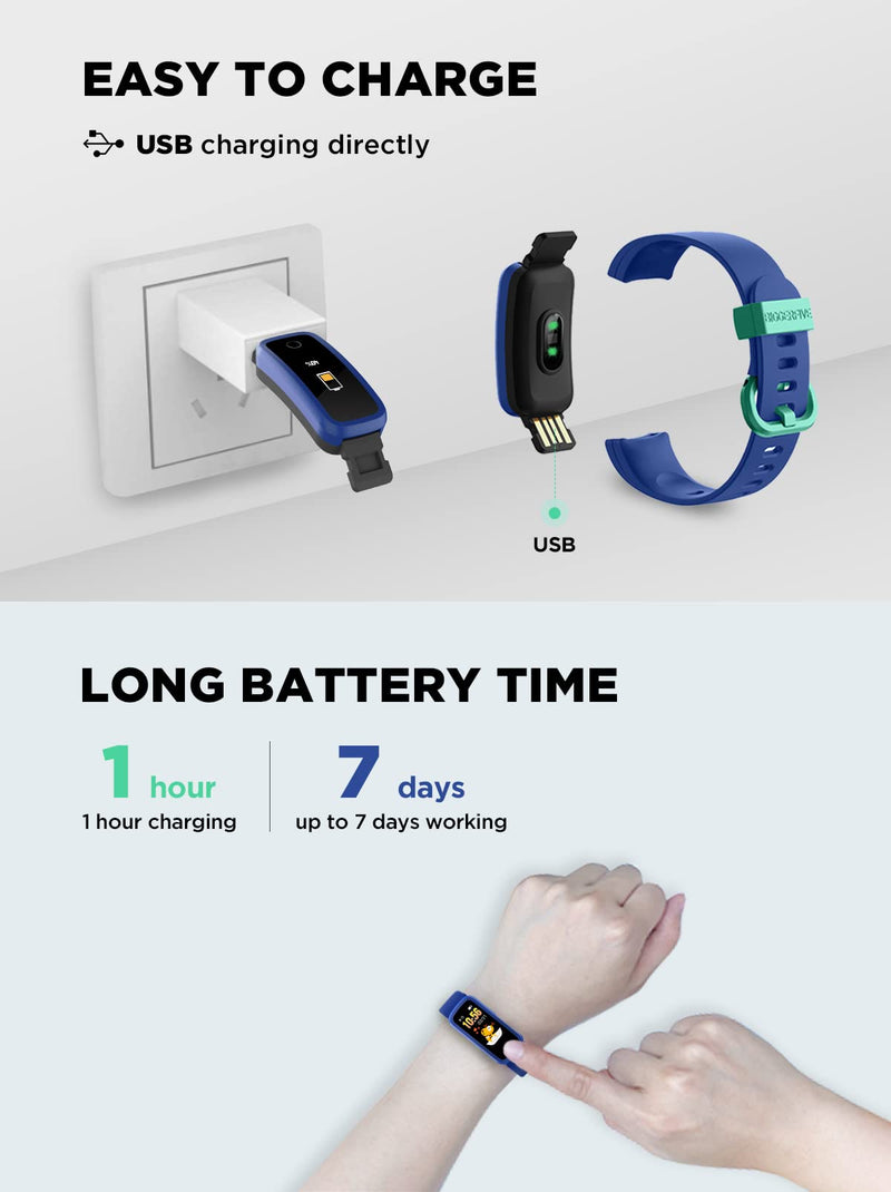 BIGGERFIVE Kids Fitness Tracker, IP68 Waterproof Activity Tracker, Heart Rate Monitor, Sleep Monitor, Pedometer, Calorie Counter, Alarm Clock, Fitness Watch for Girls and Boys Aged 5-15 Blue - NewNest Australia