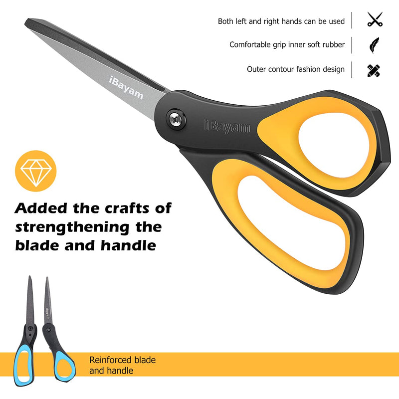 Scissors, iBayam 3 Pack 8" All-Purpose Titanium Non-Stick Scissor, Comfort Grip Sharp Nonstick Scissors for Office School Home General Use Art Craft Classroom DIY Supplies Cutting Tape Adhesive Vinyl Blue, Red, Yellow - NewNest Australia