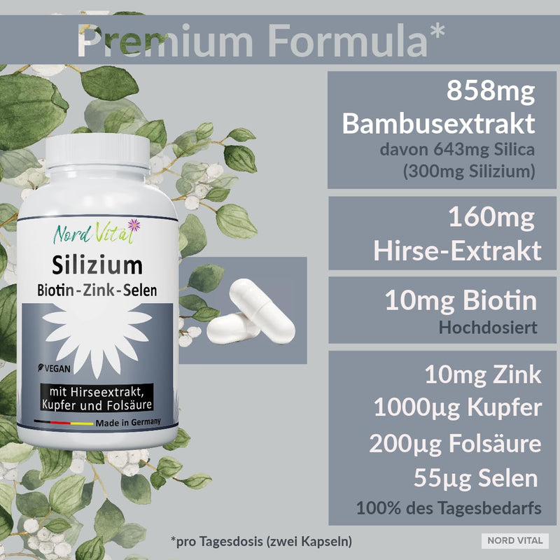 High-dose silicon from bamboo extract (858 mg), millet extract, biotin, zinc, selenium, copper, and folic acid - organic silicon with high bioavailability - 120 capsules - vegan - German production - NewNest Australia