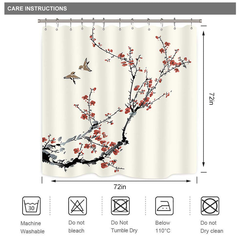 Riyidecor Red Floral Shower Curtain Cherry Sakura Blossom Asian Style Japanese Chinese Painting Birds Girls Fabric Polyester Waterproof Fabric 72Wx72H Inch 12 Pack Plastic Hooks - NewNest Australia