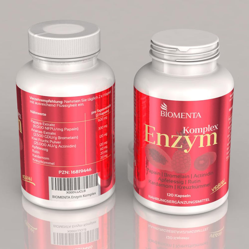 Biomenta Multi Enzyme Complex - With Papaya (Papain), Pineapple (Bromelain), Kiwi (Actinidine), Apple Vinegar, Rutin, Cardamom, Cumin - Vegan, 120 Enzyme Capsules - 2 Month Treatment - NewNest Australia