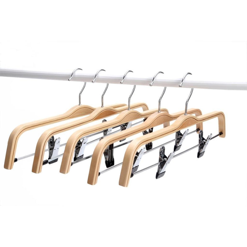 NewNest Australia - JS HANGER Wooden Pant Hangers, 5-Pack Light Weight Wood Skirt Hangers with Anti-Rust Hook and 2-Adjustable Clips Natural Finish 