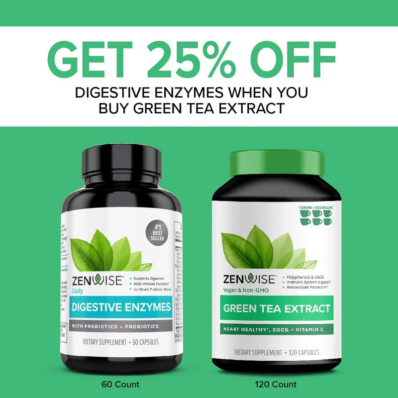 Zenwise Green Tea Extract with EGCG & Vitamin C - Antioxidant & Immune Supplement - Vegan Skin & Heart Support + Brain Health & Memory Boost - 120 Count - NewNest Australia