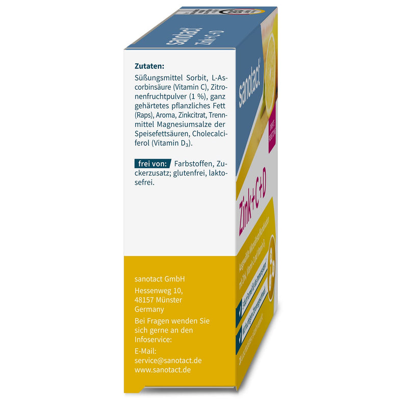 sanotact Zinc+C+D • 20 zinc lozenges high dose with vitamin C • With zinc vitamin C & D3 vitamins • Covers daily requirement of vitamin D3 20 pieces (pack of 1) - NewNest Australia
