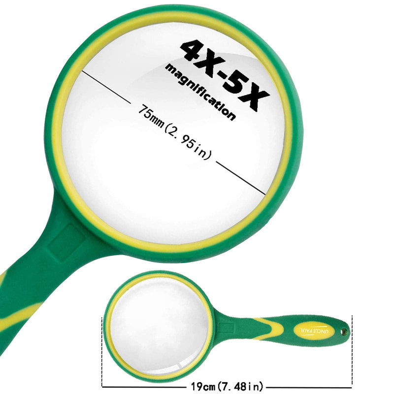 Magnifying Glass 4X-5X Large Handheld Magnifier with Cleaning Cloth - 75mm Thickened Lens Frame Non-Slip Soft Rubber Handle for Seniors Reading Kids Observation Classroom Science Tool Green OS04 - NewNest Australia