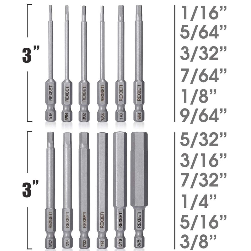 REXBETI Hex Head Allen Wrench Screwdriver Bit Set, 1/4 Inch Hex Shank S2 Steel Magnetic 3 Inch Long Drill Bits, 1/16-3/8 Inch, 12 Piece ALLEN(SAE) - NewNest Australia