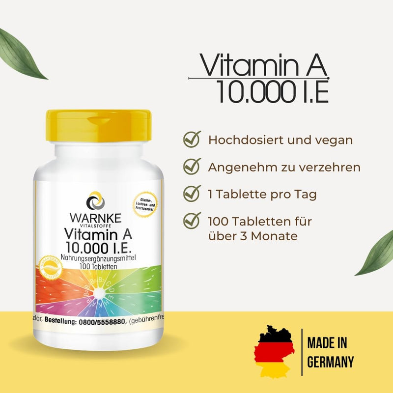 Vitamin A 10,000 IU - 3000µg retinol (retinyl acetate) per tablet - high dose & vegan - 100 tablets | Warnke vital substances - NewNest Australia