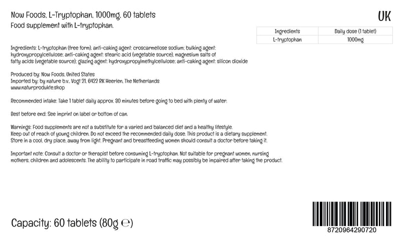 Now Foods, L-Tryptophan, 1000 mg, 60 Vegan Tablets, Amino Acid, Laboratory Tested, Gluten Free, Soy Free, GMO-Free - NewNest Australia