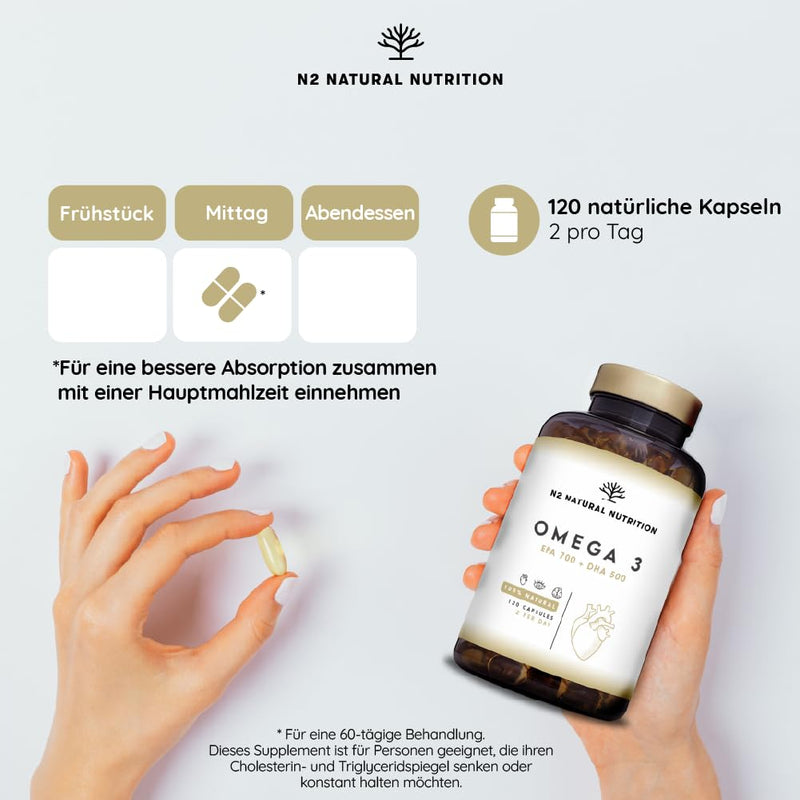 Omega 3 capsules, high dose with 2000 mg fish oil with 700 mg EPA and 500 mg DHA, fish oil with vitamin E and the omega 3 fatty acids. 120 softgel capsules of pure sea fish oil N2 Natural Nutrition - NewNest Australia