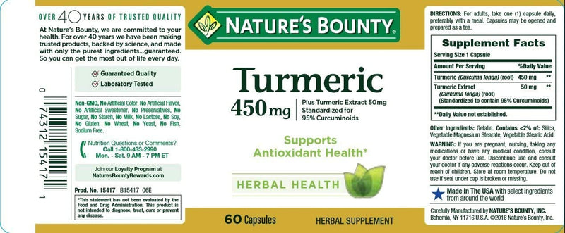 Nature's Bounty Turmeric Curcumin Caps, 60 ct, Green (15417) 450 mg - NewNest Australia