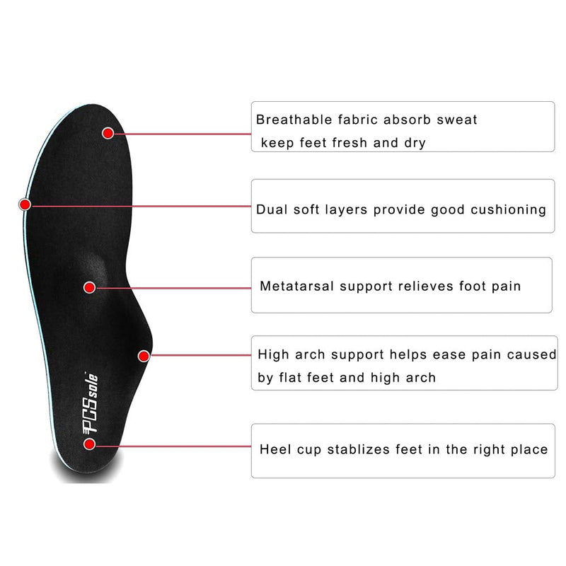 PCSsole High Arch Supports Orthotic Insoles,Shoe Inserts for Flat Feet,Plantar Fasciitis,Feet Pain,Pronation,Heel Pain for Men and Women Men6/Women(5.5-6)25cm Black - NewNest Australia