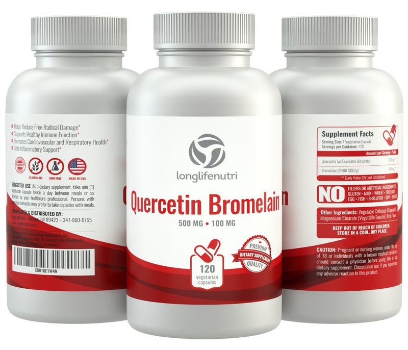 Quercetin 500mg with Bromelain 100mg 120 Vegetarian Capsules | Natural Anti Inflammatory Antioxidant Supplement | Allergy Relief Complex | Heart Health | Dihydrate Pure Powder Extract Cap 500 mg Plus 120 Count (Pack of 1) - NewNest Australia