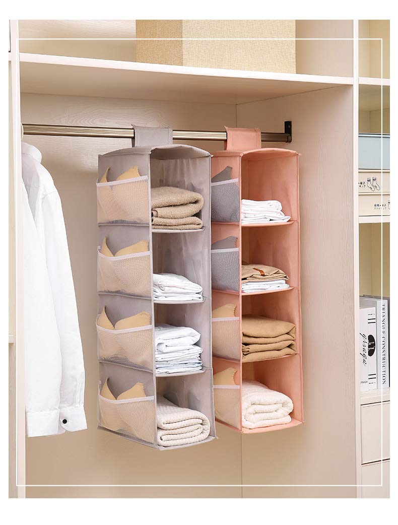 NewNest Australia - AARainbow 4 Shelf &12 Pockets Hanging Closet Organizer,Foldable Closet Hanging Shelves,Polyester Fabric Closet Organizer,Collapsible Storage Shelves for Clothes, Pants and Shoes (Pink) Pink 