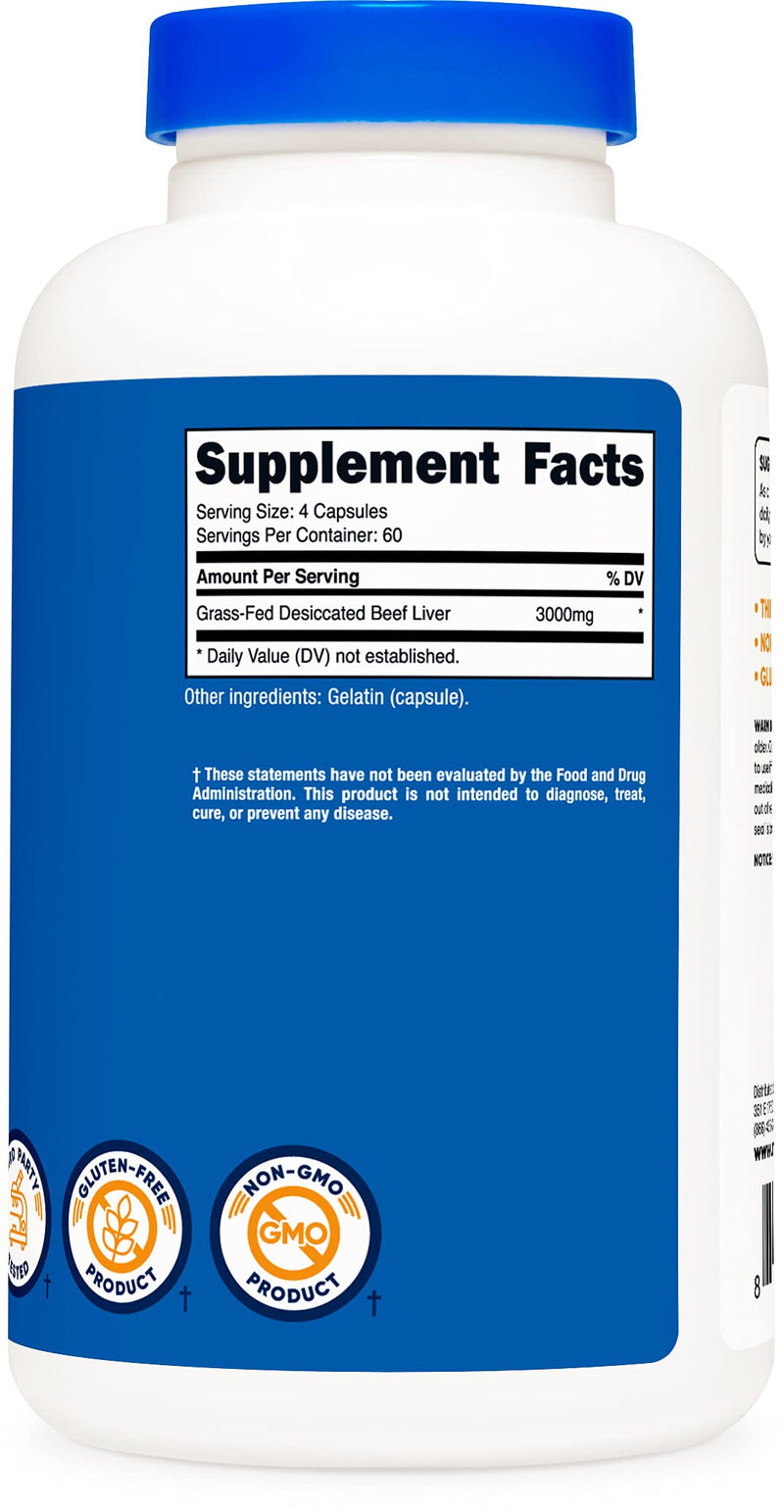 Nutricost Grass Fed Desiccated Beef Liver Capsules 240 Capsules, 3000mg (750mg Per Cap) - No Hormones, Non-GMO, Gluten Free, Pasture-Raised, Free Range Beef - NewNest Australia
