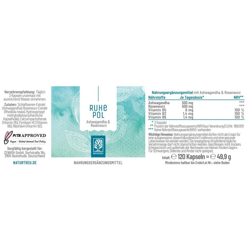 NATURTREU Ashwagandha roseroot capsules, high dosage - comparison winner 2020* - 500 mg each of Ashwagandha + Rhodiola Rosea extract - haven of peace: vegan, plant-based and without additives - 120 Ashwagandha capsules - NewNest Australia