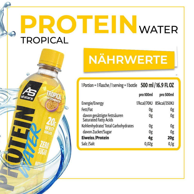 All Stars Protein Water, Delicious, Fruity Protein Drink Without Added Sugar, The Perfect Refreshing Drink For Athletes With High-Quality Whey Protein Isolates With Only 85 Calories, 6 X 500 Ml, Tropical - NewNest Australia