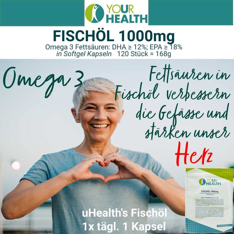 uHealth FISH OIL 1000 mg, 120 softgel capsules Omega 3 fatty acids: DHA ≥ 12%, EPA ≥ 18% - NewNest Australia