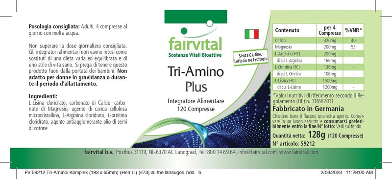 Fairvital Tri-Amino Plus - 120 Tablets - Vegan Amino Acids Complex With Minerals - With L-Arginine, L-Ornithine, L-Lysine, Calcium And Magnesium - Made In Germany - NewNest Australia