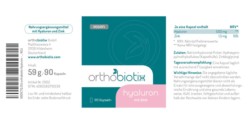 orthobiotix hyaluronic acid with zinc | 90 capsules in a 3-month supply | Highly dosed, vegan and without colorings or fillers | 1x59 gr - NewNest Australia