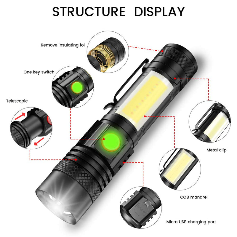 Rechargeable Flashlight,[New Edition LED Flashlight with Red Cob Strobe Light] Mini Small Maglite Flashlights with High Lumens,Waterproof,Zoomable,6 Modes for Hiking,Camping,Emergency(2 Pack） - NewNest Australia