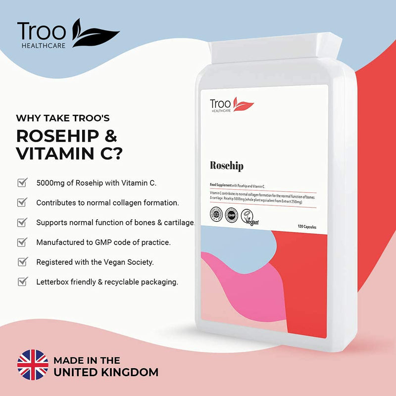 Rosehip Supplements 5000mg with Vitamin C to Support Bones, Cartilage and Collagen Formation - 120 Capsules - High Strength 5000 mg Rosacanina - Up to 4 Months Supply UK Manufactured to GMP Standards - NewNest Australia